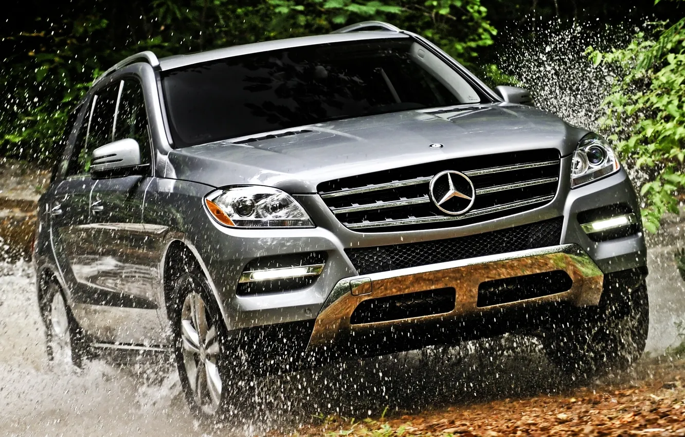 Photo wallpaper water, squirt, grey, jeep, mercedes-benz, Mercedes, the bushes, the front