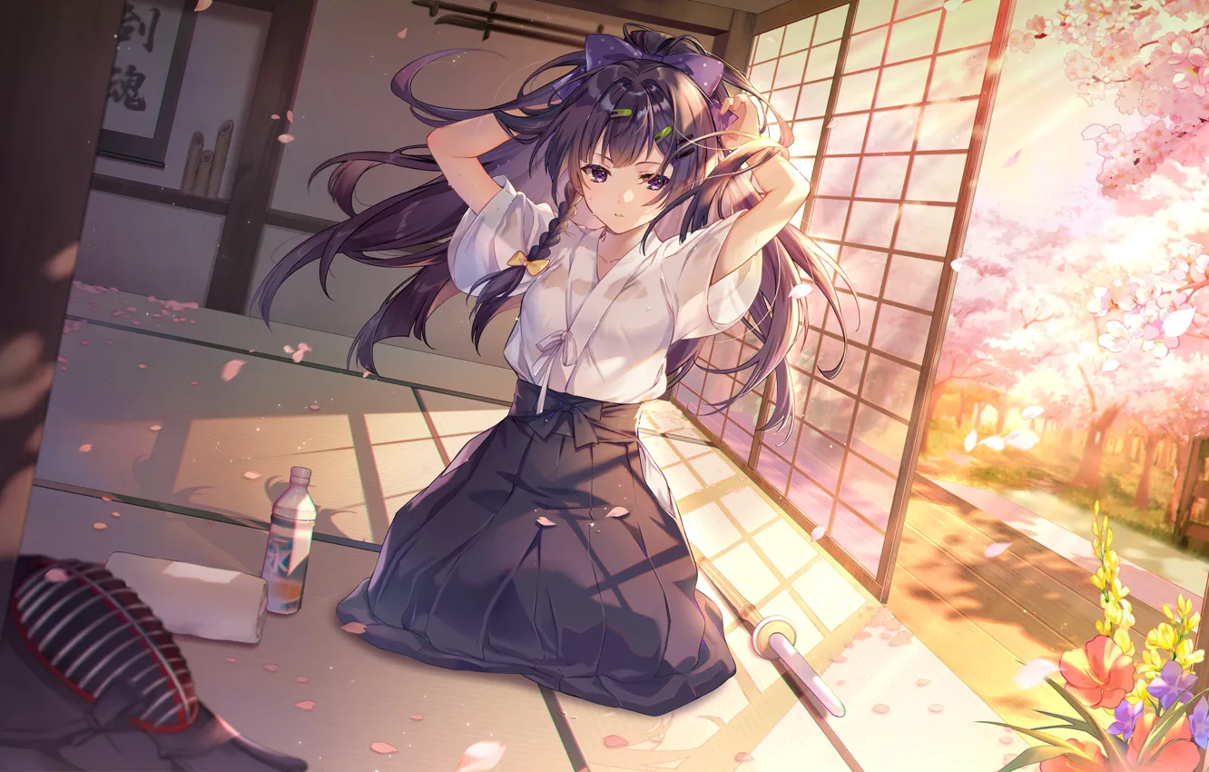 Photo wallpaper Japan, schoolgirl, on the floor, hands behind head, tatami, kendo, bamboo sword, the cherry blossoms