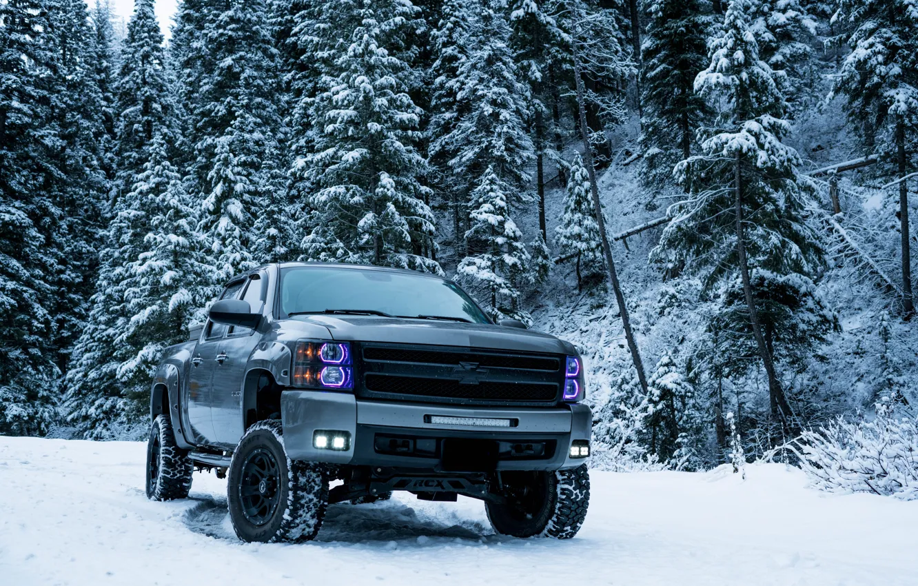 Photo wallpaper car, forest, winter, snow, chevrolet silverado, pickup truck