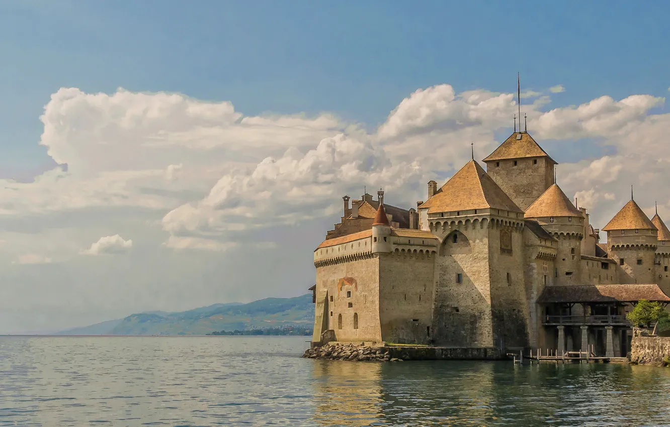 Photo wallpaper lake, castle, Switzerland, panorama, Switzerland, Lake Geneva, Chillon castle, Lake Geneva