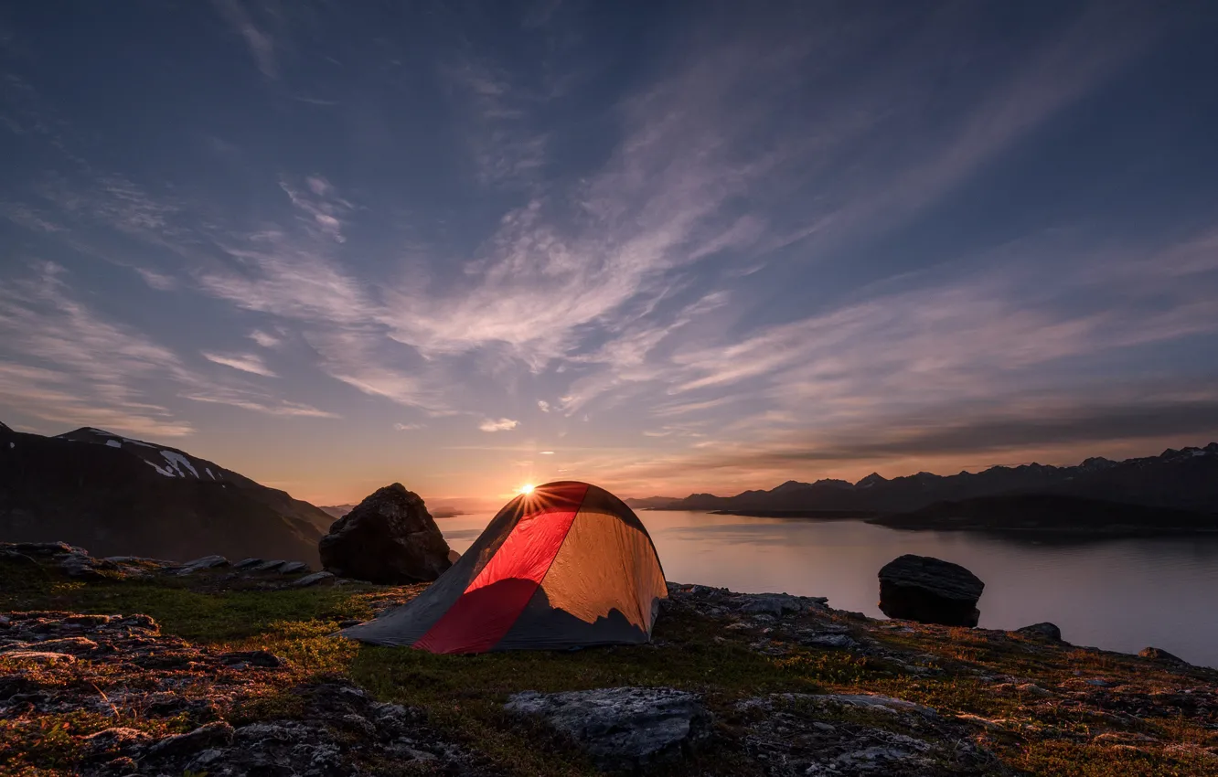 Photo wallpaper sunset, mountains, lake, travel, tent