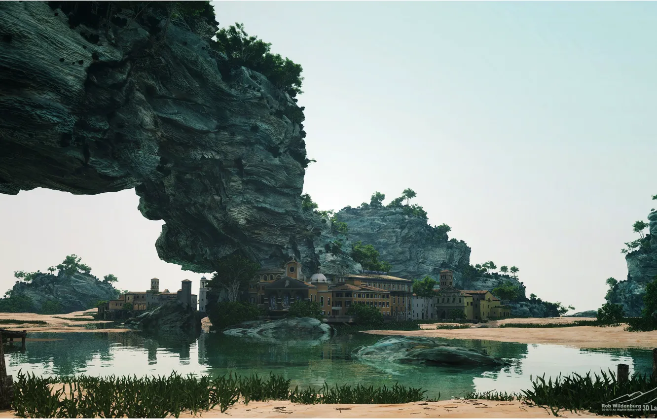 Photo wallpaper rocks, building, pond, settlement, Hidden