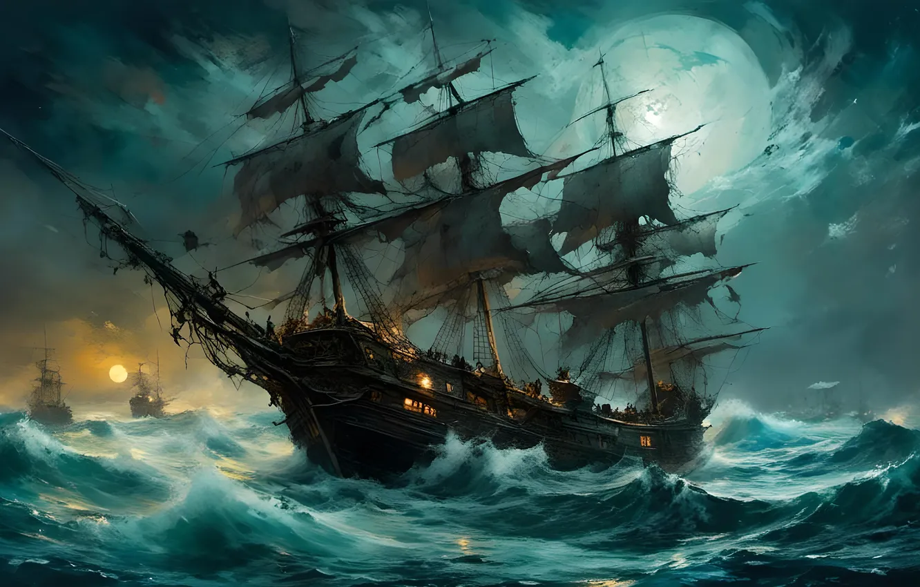 Photo wallpaper sea, wave, the sky, night, storm, the moon, figure, ship