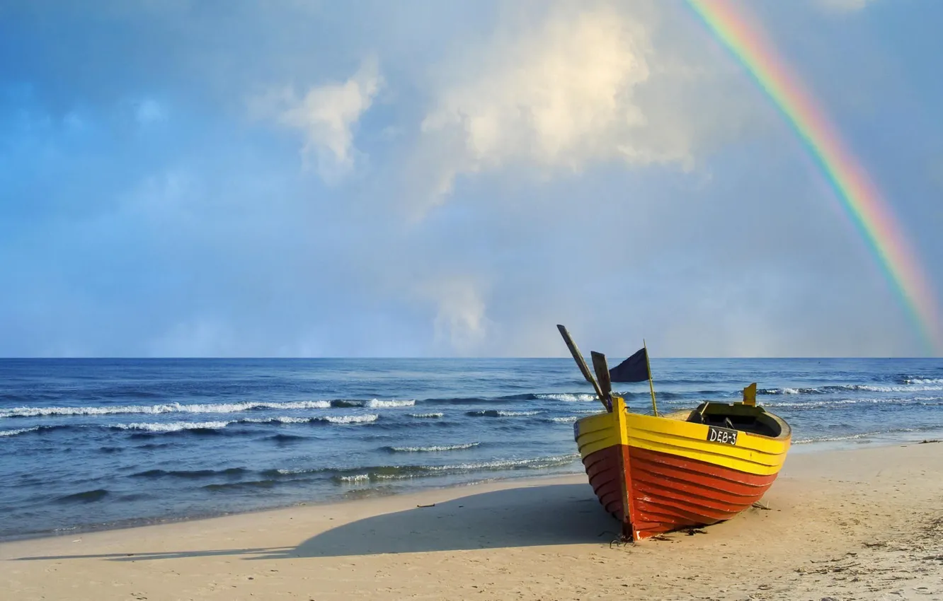 Photo wallpaper sea, shore, boat, rainbow