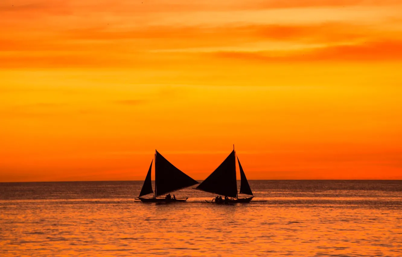 Photo wallpaper sea, sunset, boat, silhouette, glow, sail