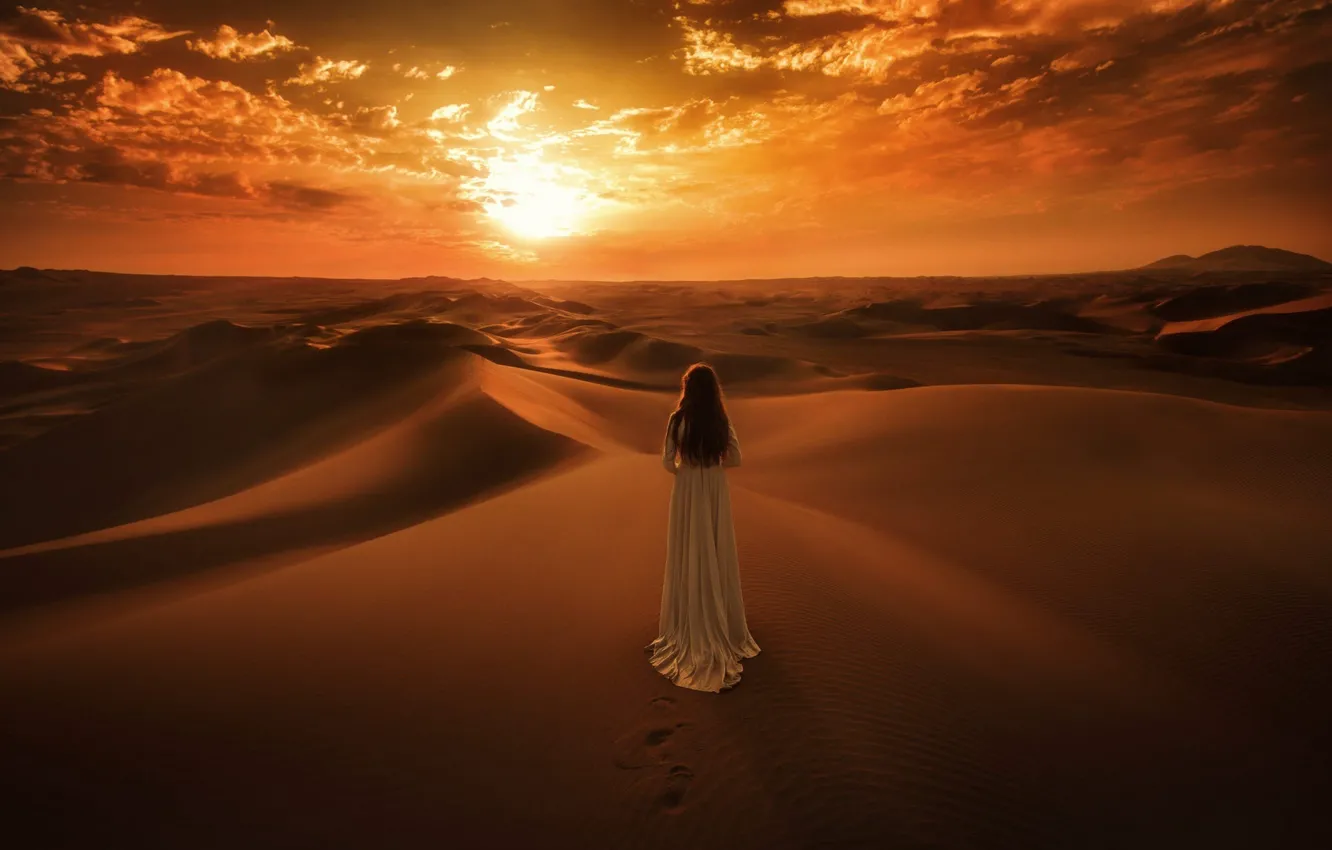 Photo wallpaper sand, the sky, the sun, clouds, sunset, desert, dal, horizon