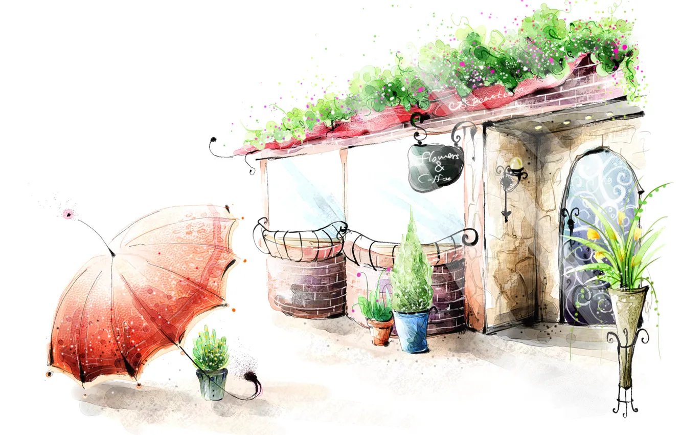 Photo wallpaper flowers, umbrella, figure, lantern, cafe, railings, vase, pots