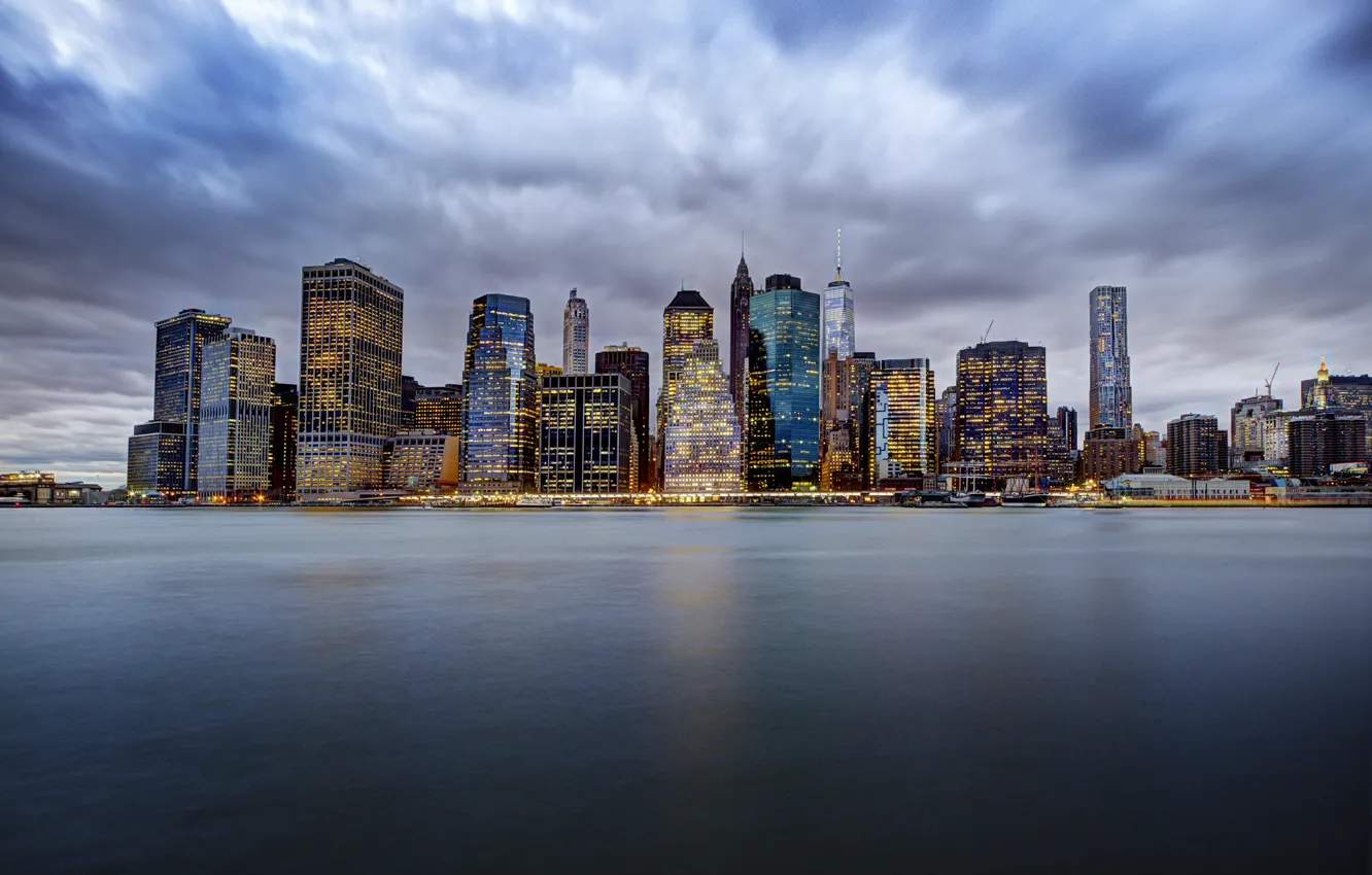 Photo wallpaper clouds, lights, New York, Manhattan, United States, The Hudson River, horizon