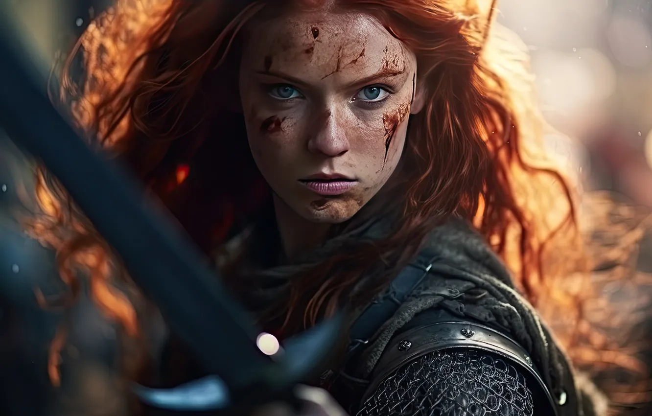 Photo wallpaper look, girl, light, face, weapons, blood, portrait, armor
