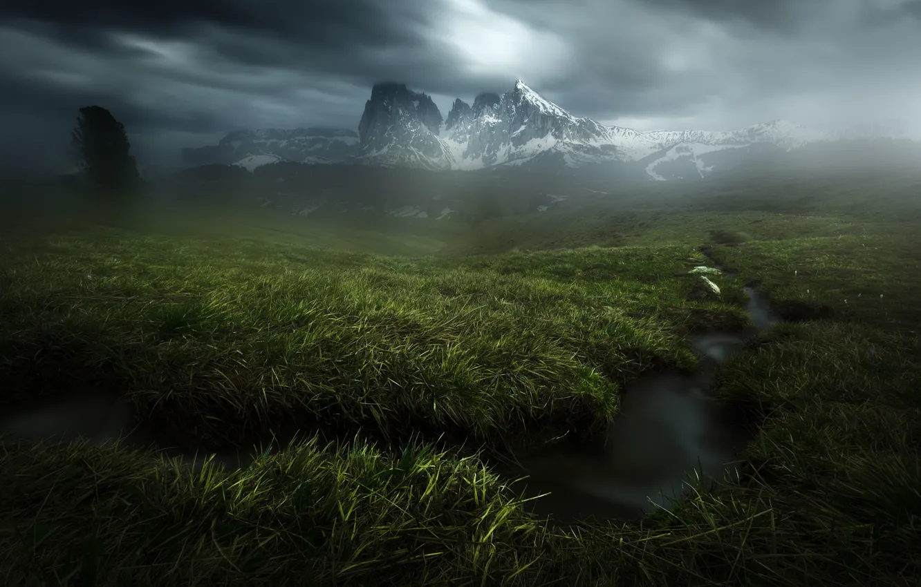 Photo wallpaper grass, mountains, clouds, stream, Alps