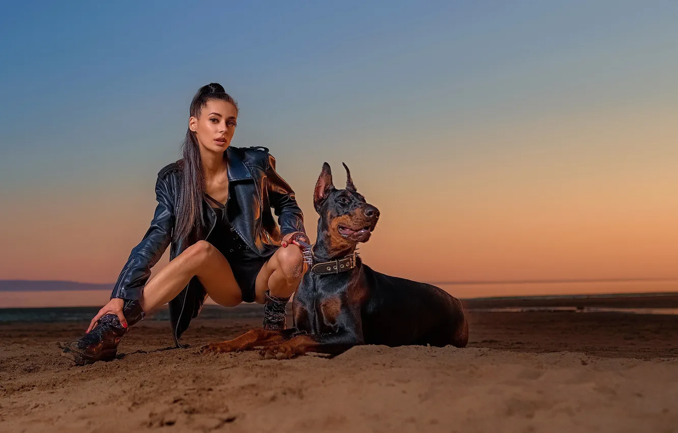 Photo wallpaper sand, beach, look, girl, sunset, pose, river, feet