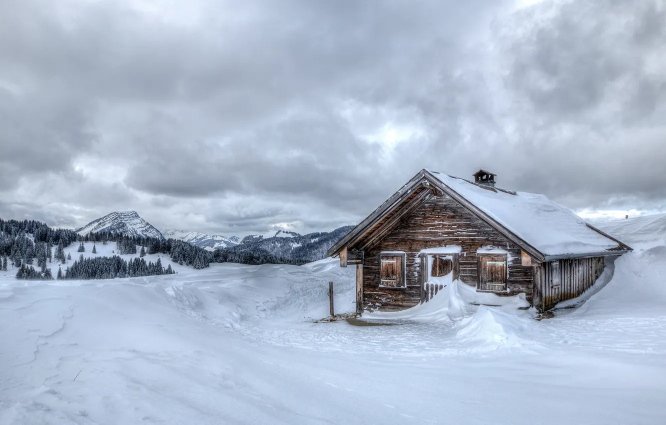 Photo wallpaper cold, winter, snow, mountains, house, background, widescreen, Wallpaper
