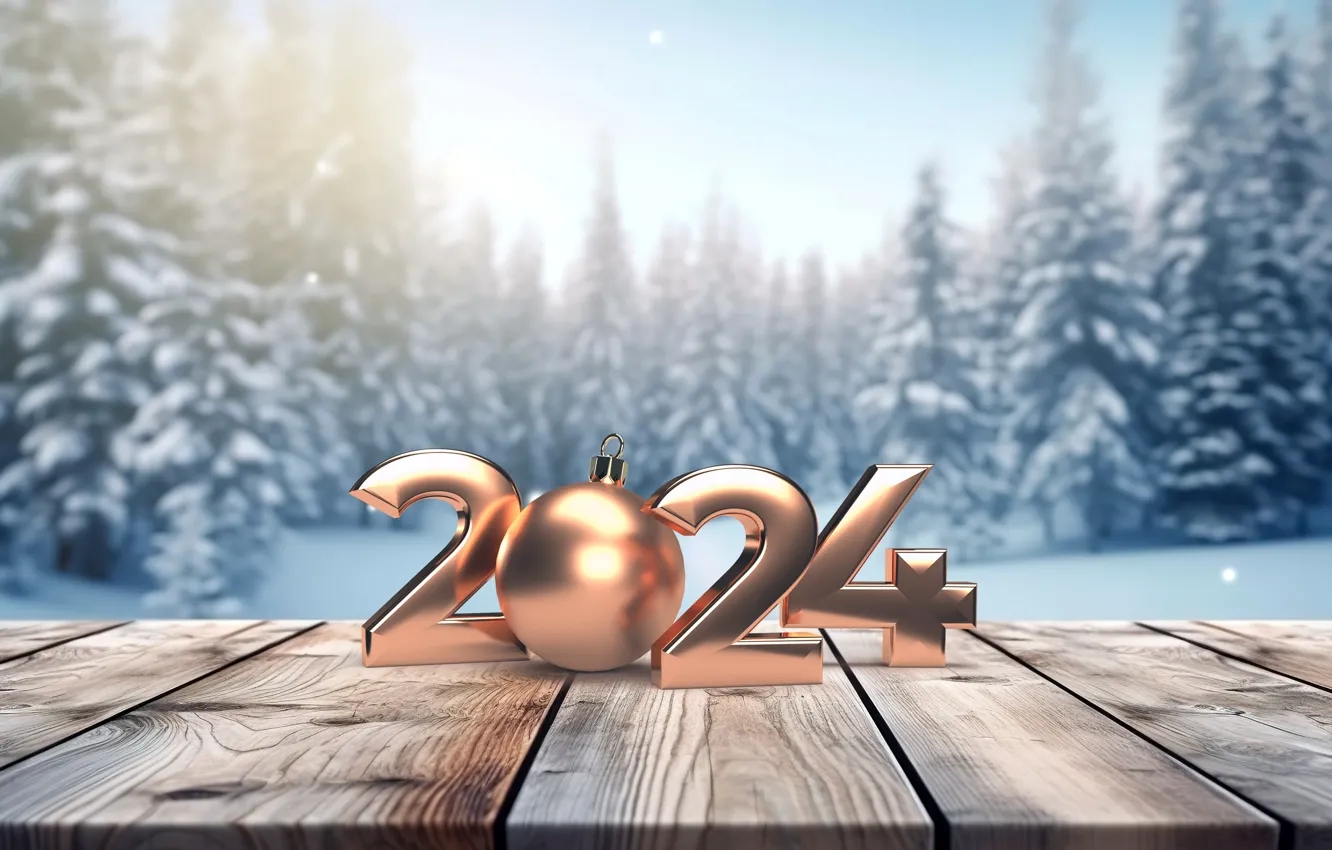 Photo wallpaper winter, snow, tree, New Year, Christmas, figures, golden, new year