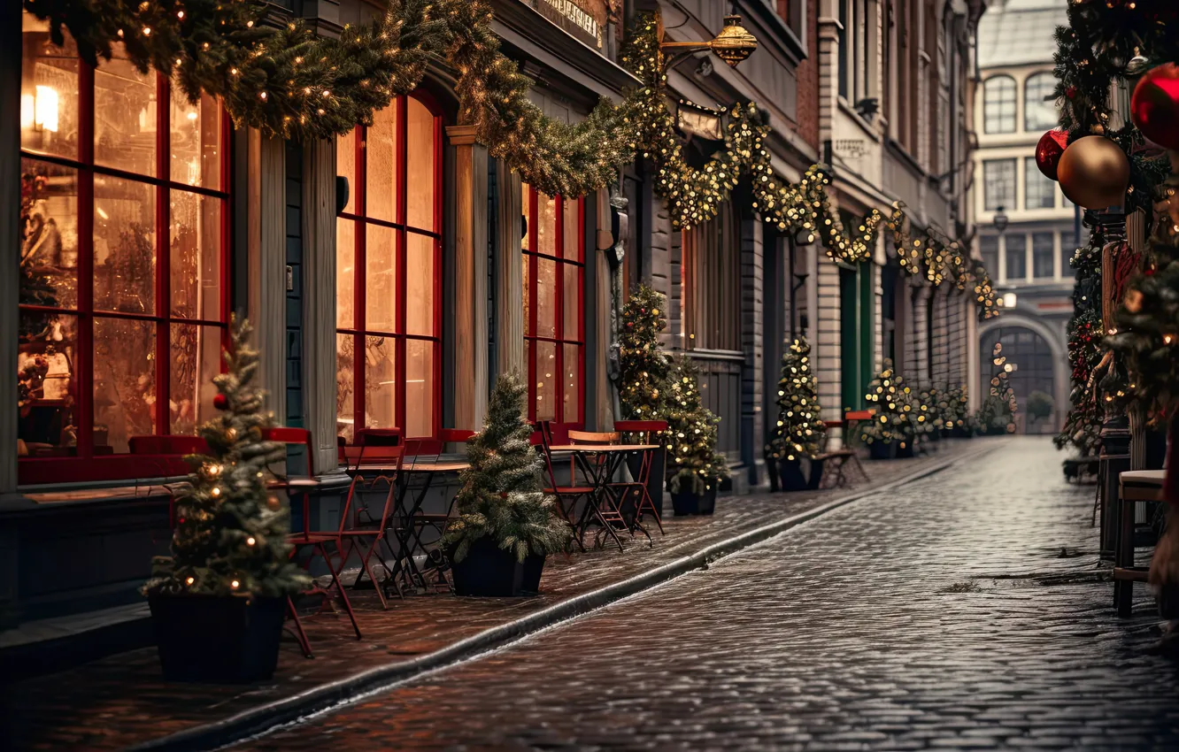 Photo wallpaper winter, snow, decoration, night, the city, lights, street, tree