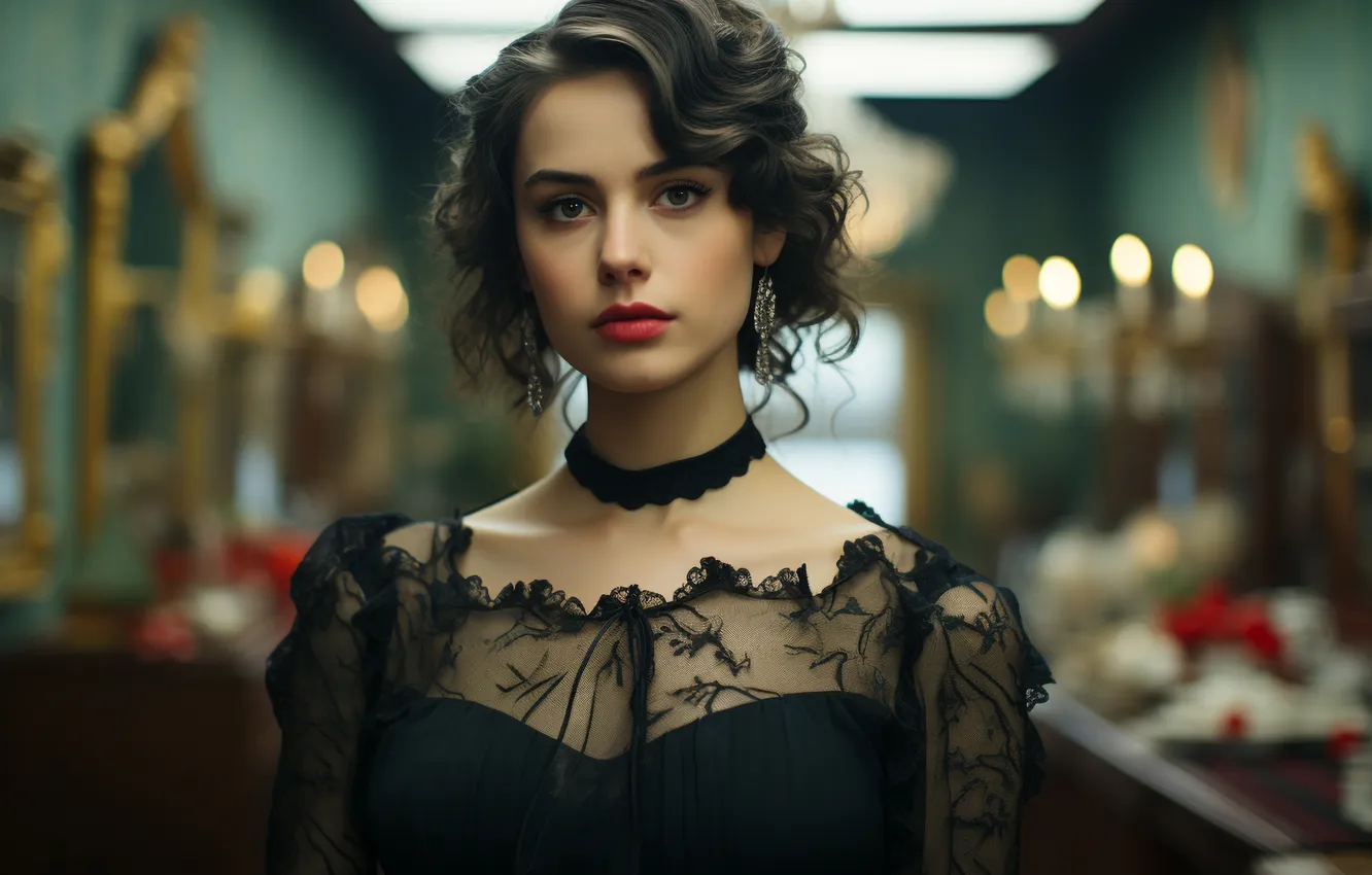 Photo wallpaper candles, neckline, digital art, hall, digital art, beautiful woman, female portrait, AI art