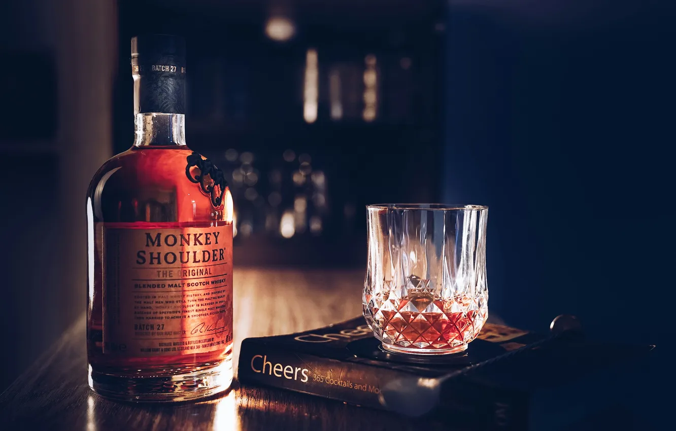 Photo wallpaper glass, bottle, alcohol, book, whiskey, Monkey Shoulder