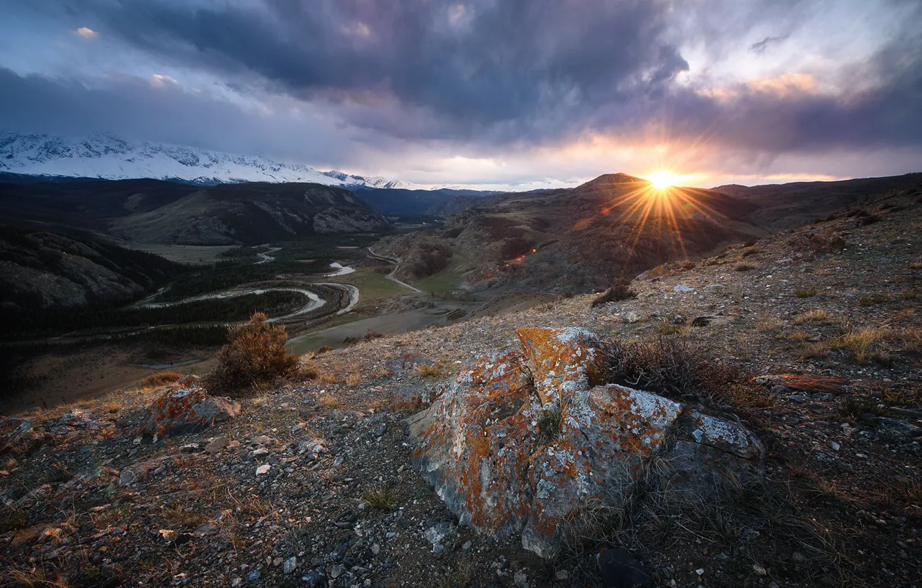 Photo wallpaper sunset, mountains, Russia, Altai Krai