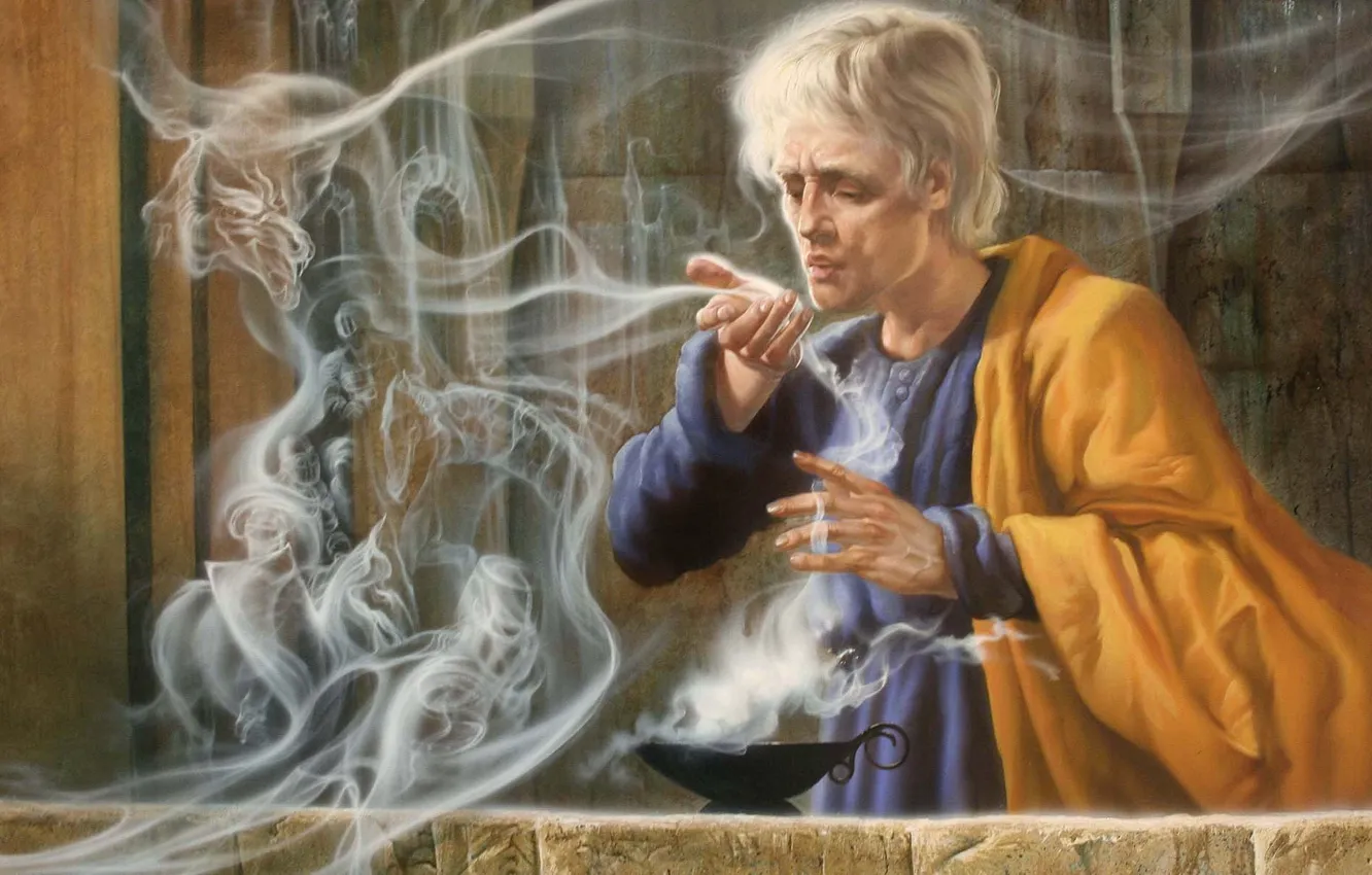 Photo wallpaper magic, dragon, smoke, lamp, spirit, art, male, the sorcerer