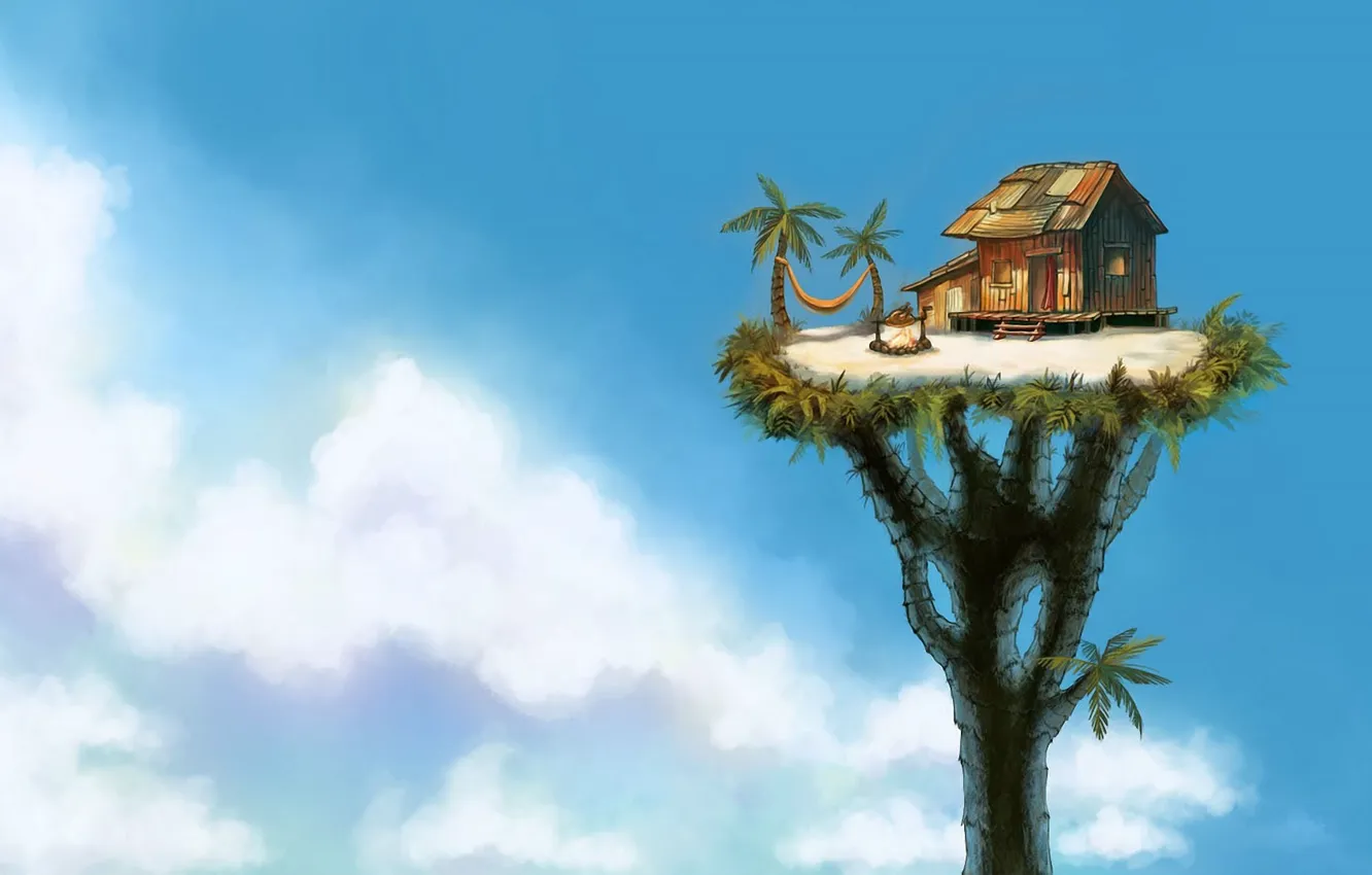 Photo wallpaper clouds, house, Palma, tree, height, the fire, art, hammock