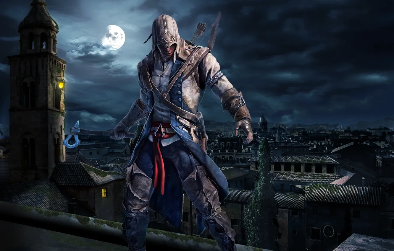Photo wallpaper night, the city, the moon, Assassins, Assasins Creed