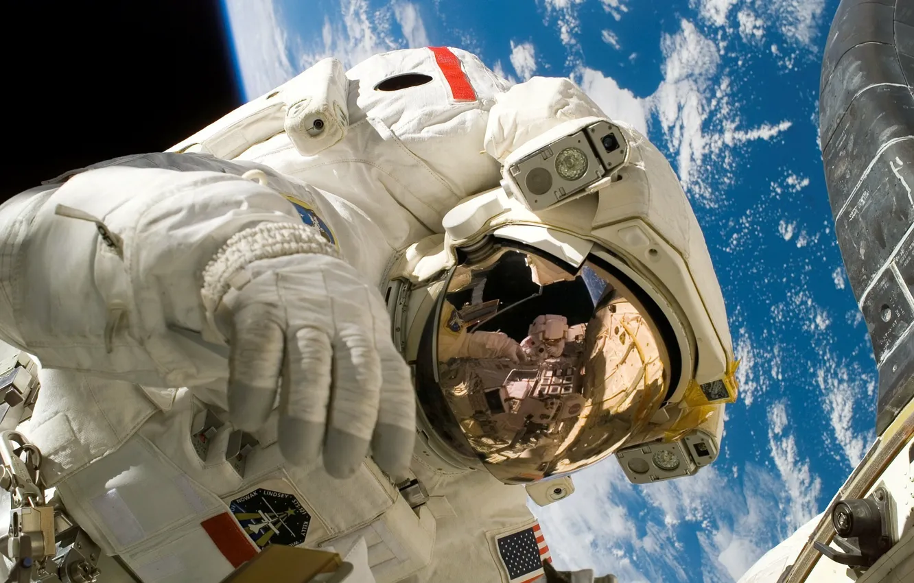 Photo wallpaper space, flight, space, reflection, ISS, the suit, costume, instrumento
