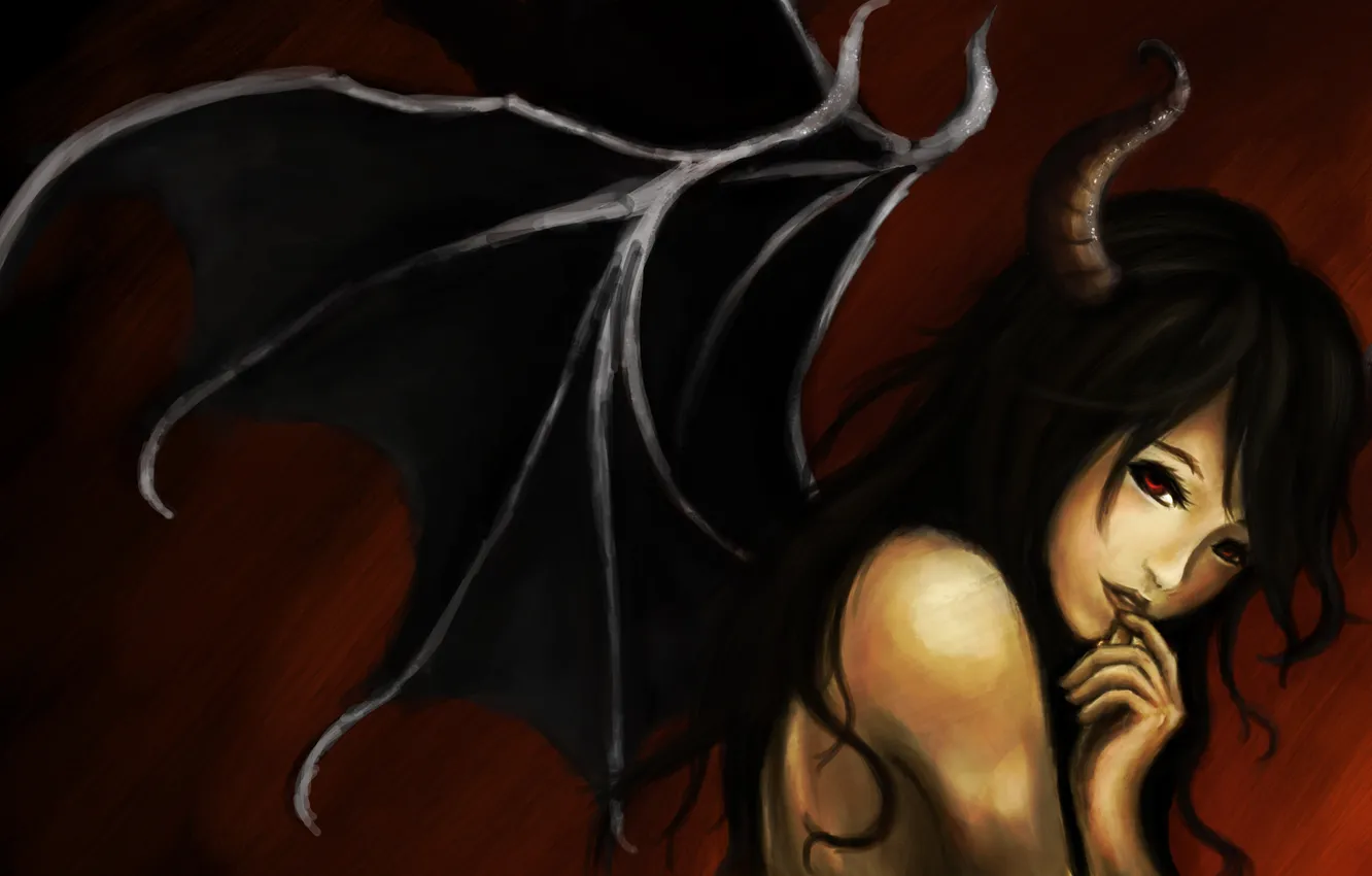 Photo wallpaper look, girl, smile, wings, the demon, horns, art, naked