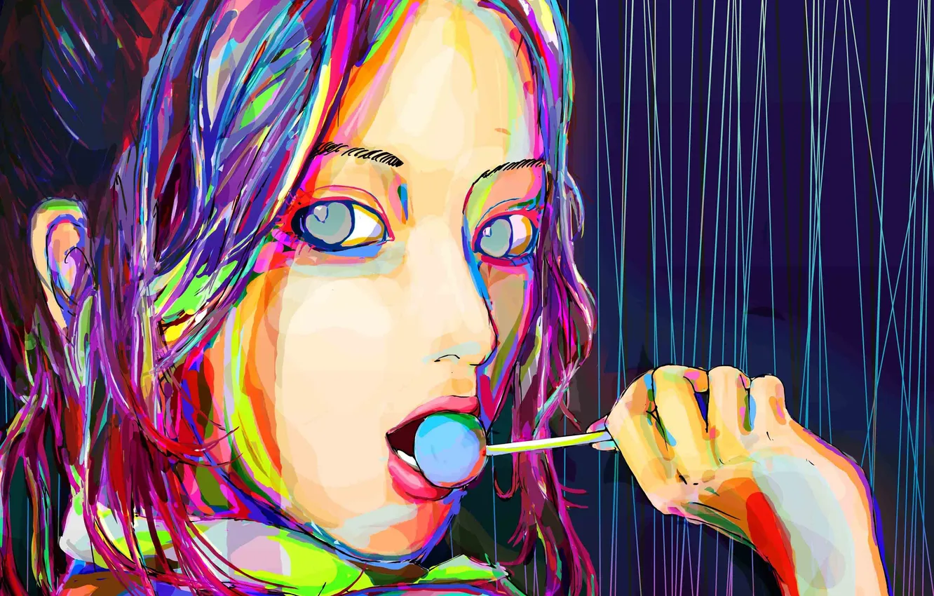 Photo wallpaper eyes, girl, colorful, art, lips, candy, miyano kensuke