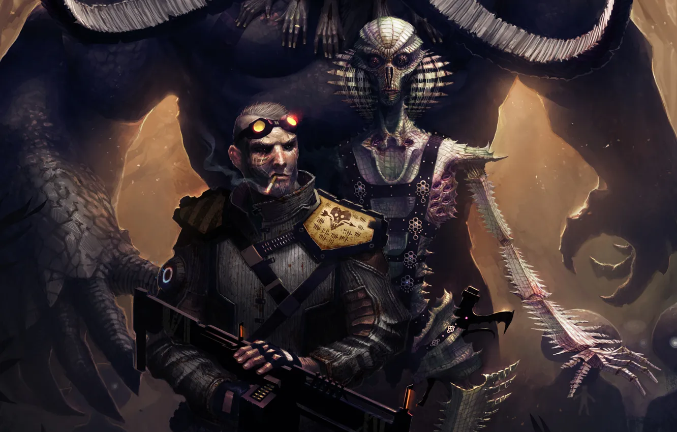 Photo wallpaper weapons, people, monster, alien, cigarette, scar, mercenary