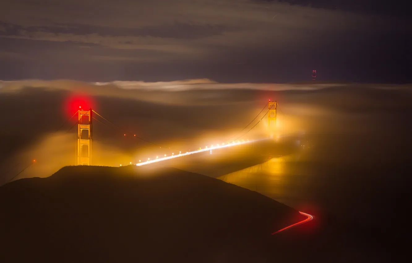Photo wallpaper night, lights, fog, San Francisco, USA, the Golden gate bridge