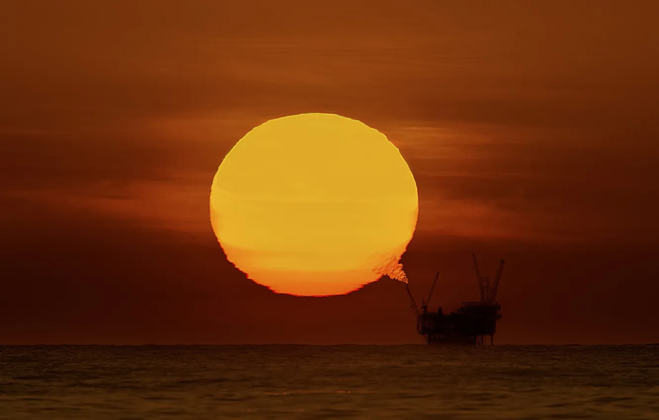 Photo wallpaper sea, the sun, sunset, platform