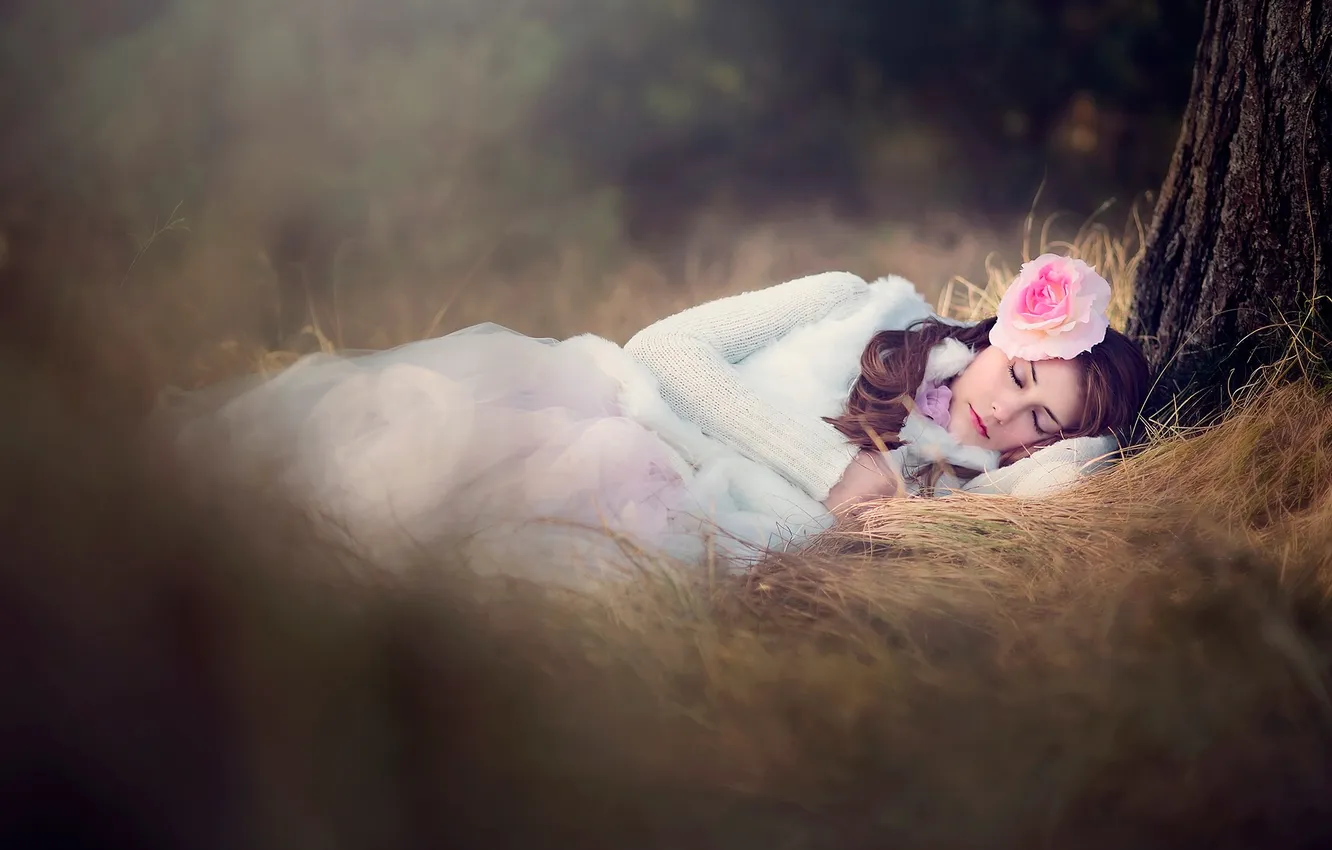 Photo wallpaper girl, trees, nature, sleep