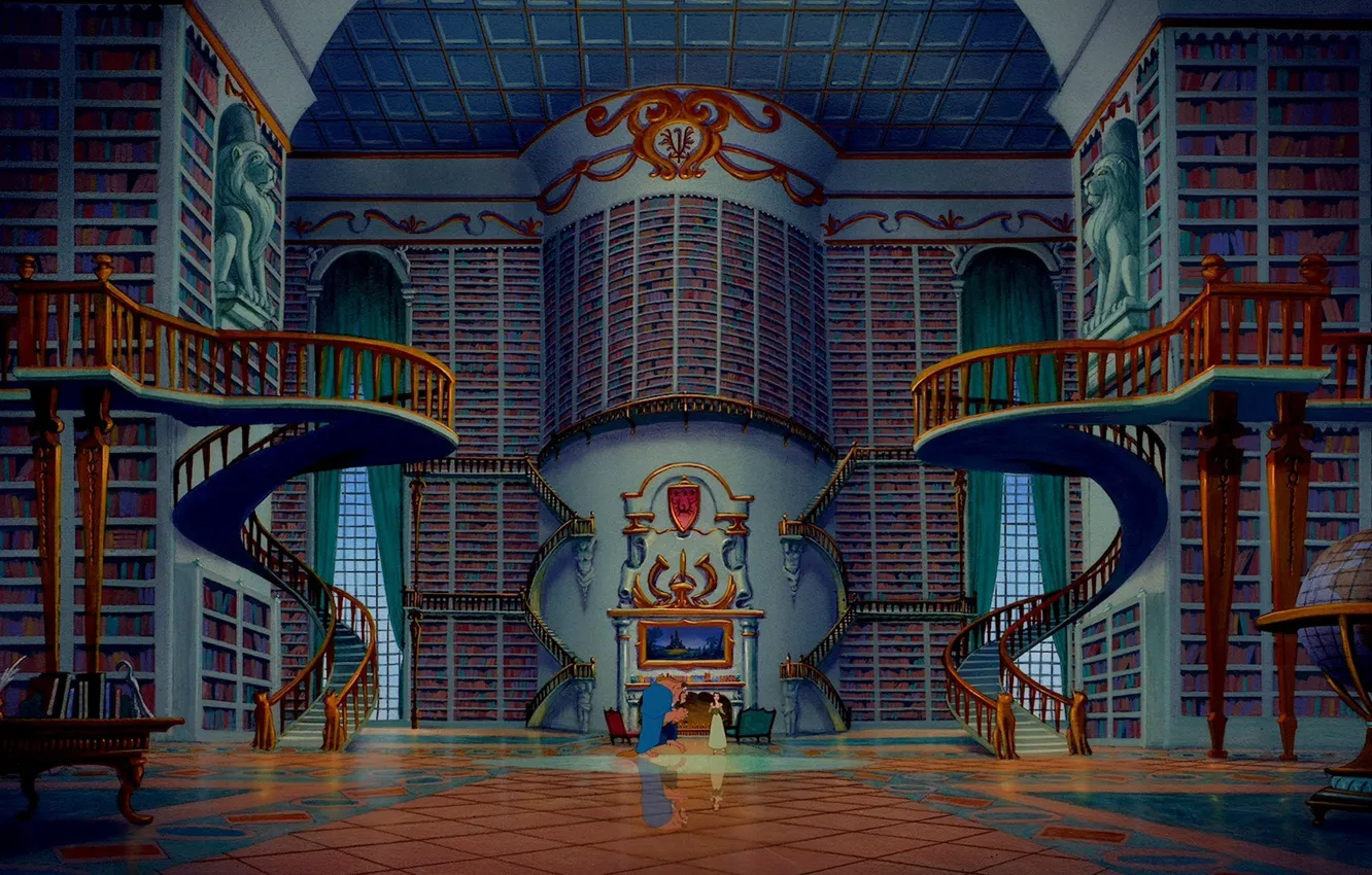 Photo wallpaper cartoon, stairs, library, globe, disney, disney, beauty and the beast, beauty and the beast