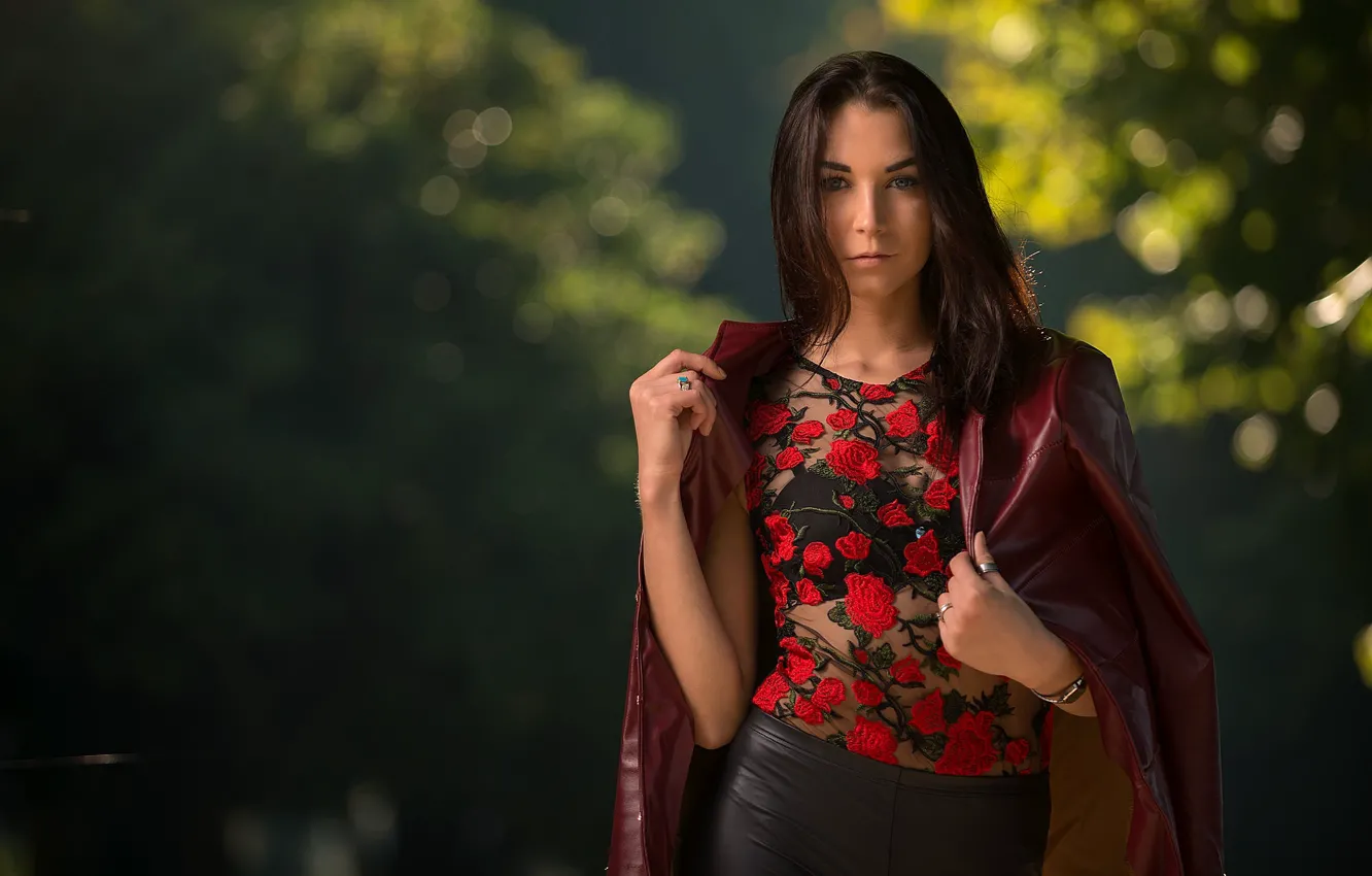 Photo wallpaper look, pose, hair, jacket, bokeh, Mila Volkova
