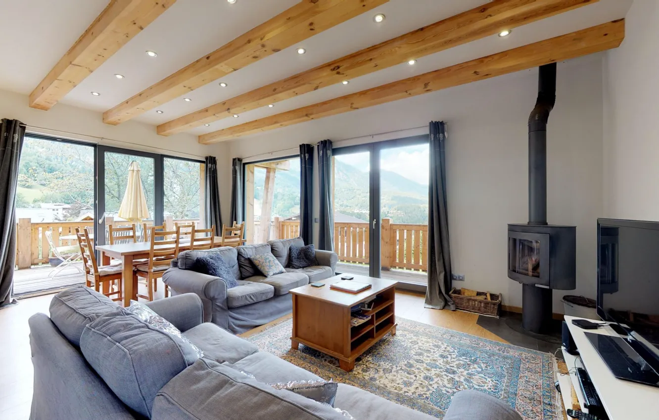 Photo wallpaper interior, fireplace, living room, dining room, chalet, Les Houches centre