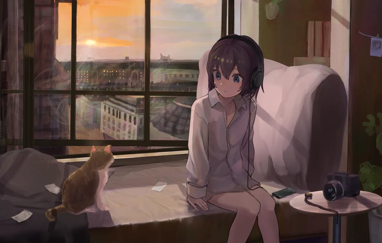 Photo wallpaper cat, girl, sunset, the city, headphones, the view from the window