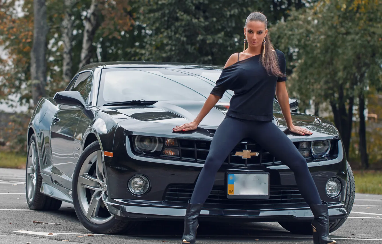 Photo wallpaper road, auto, look, girl, trees, Chevrolet, devuschka