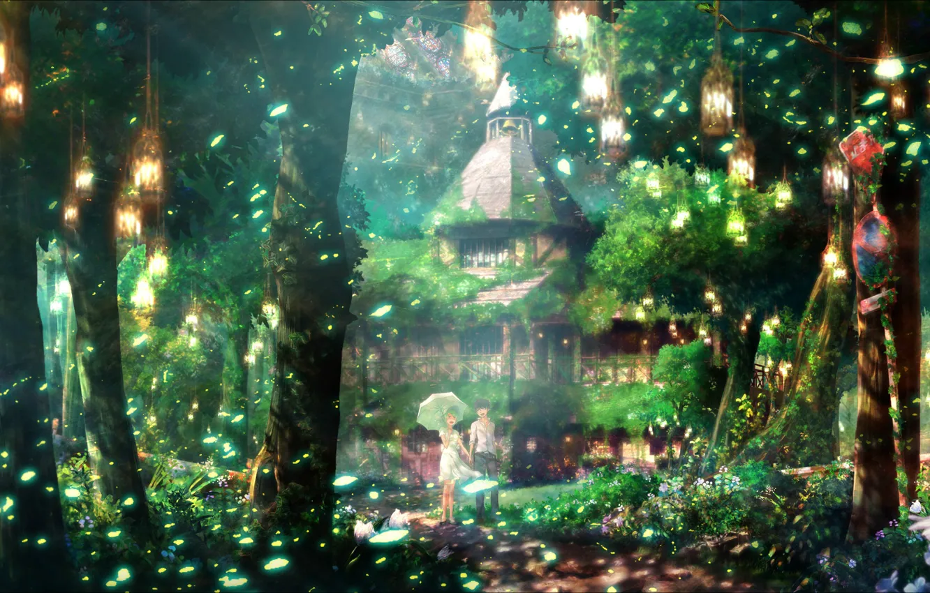 Photo wallpaper forest, summer, grass, light, foliage, umbrella, lights, Temple