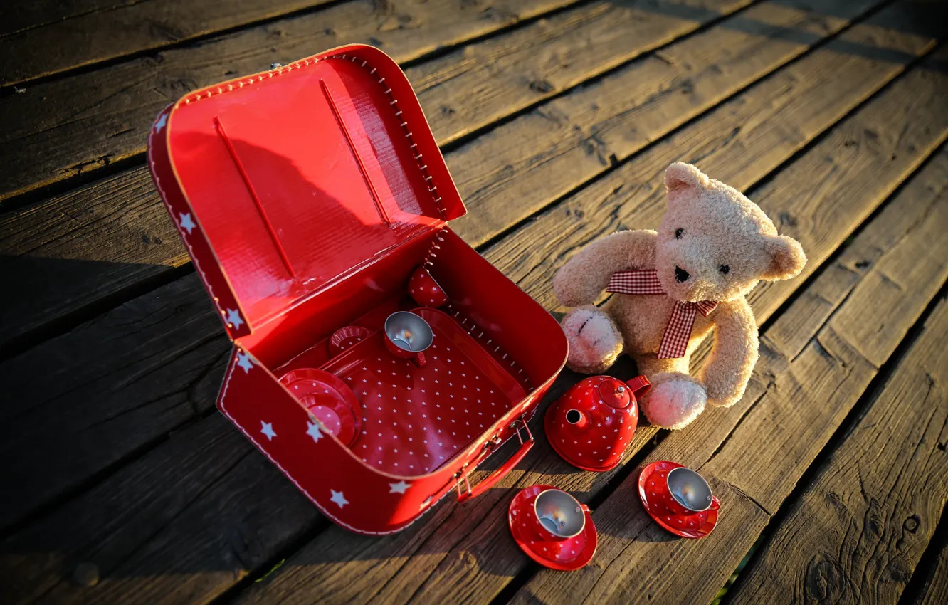 Photo wallpaper the game, toys, Board, bear, dishes, suitcase, plush