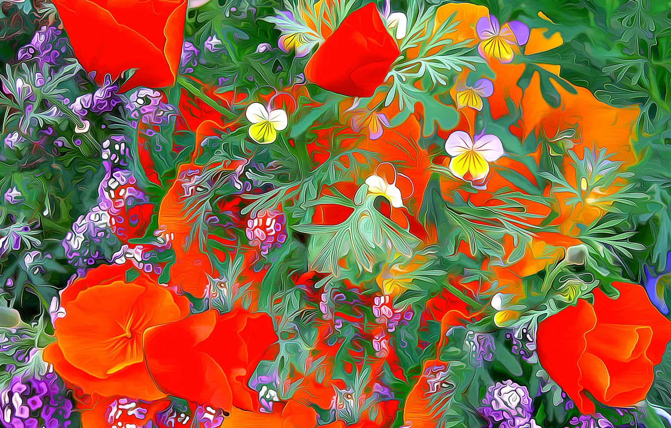 Photo wallpaper line, flowers, rendering, paint