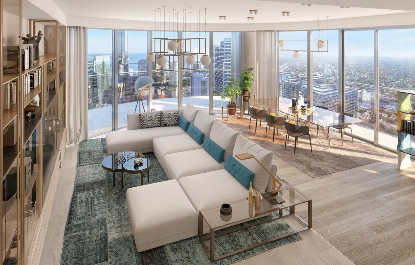 Photo wallpaper interior, Miami, megapolis, penthouse, living room, dining room, condominium