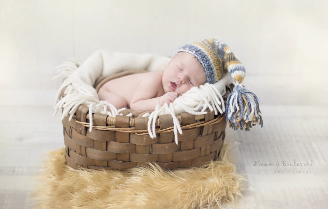 Photo wallpaper basket, sleep, boy, cap, baby