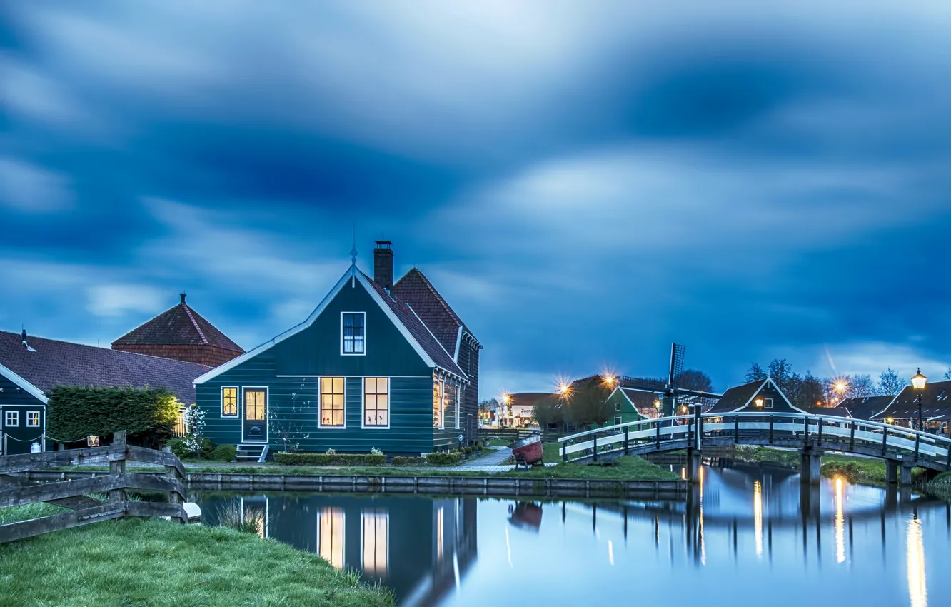 Photo wallpaper night, lights, Netherlands, Holland, the Museum under the open sky, Zaanse Schans, Zaanstad, Zaandam