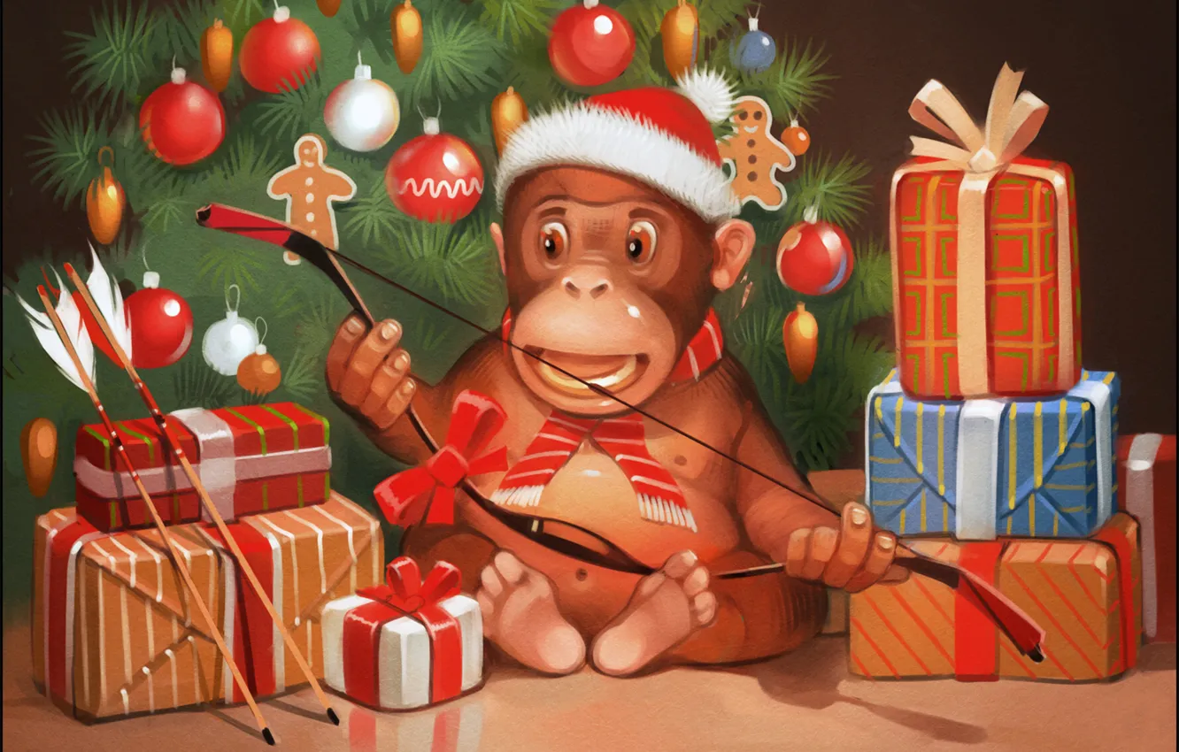 Photo wallpaper mood, holiday, gift, tree, new year, Christmas, bow, monkey
