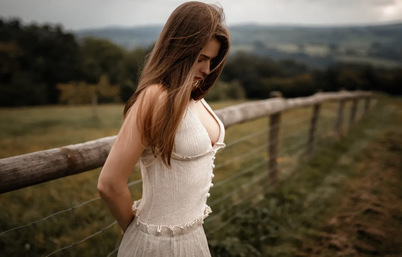 Photo wallpaper landscape, pose, model, the fence, portrait, hairstyle, brown hair, is