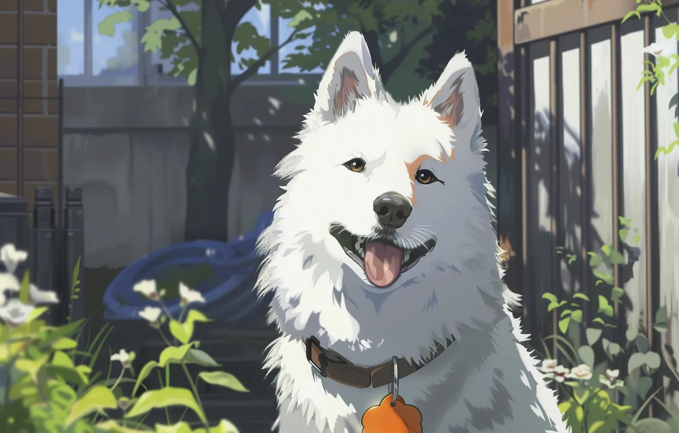 Photo wallpaper white, face, dog, art, collar, digital art, imitation painting, AI art