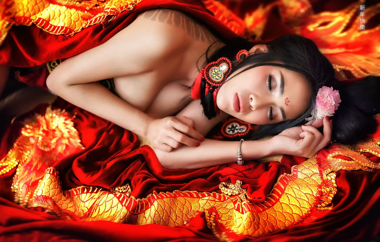 Photo wallpaper face, mood, sleep, the situation, earrings, hands, Asian, sleeping girl