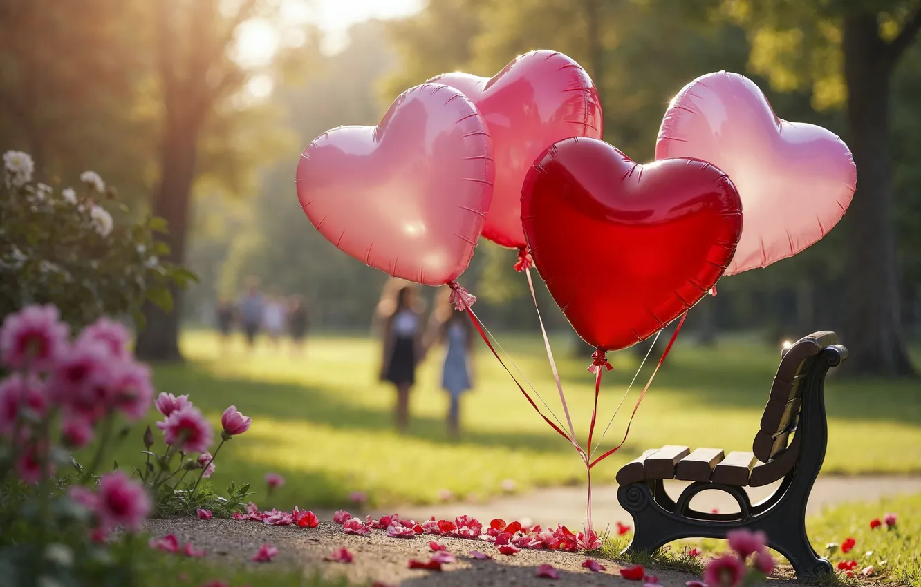 Photo wallpaper love, flowers, bench, Park, balloons, romance, heart, petals