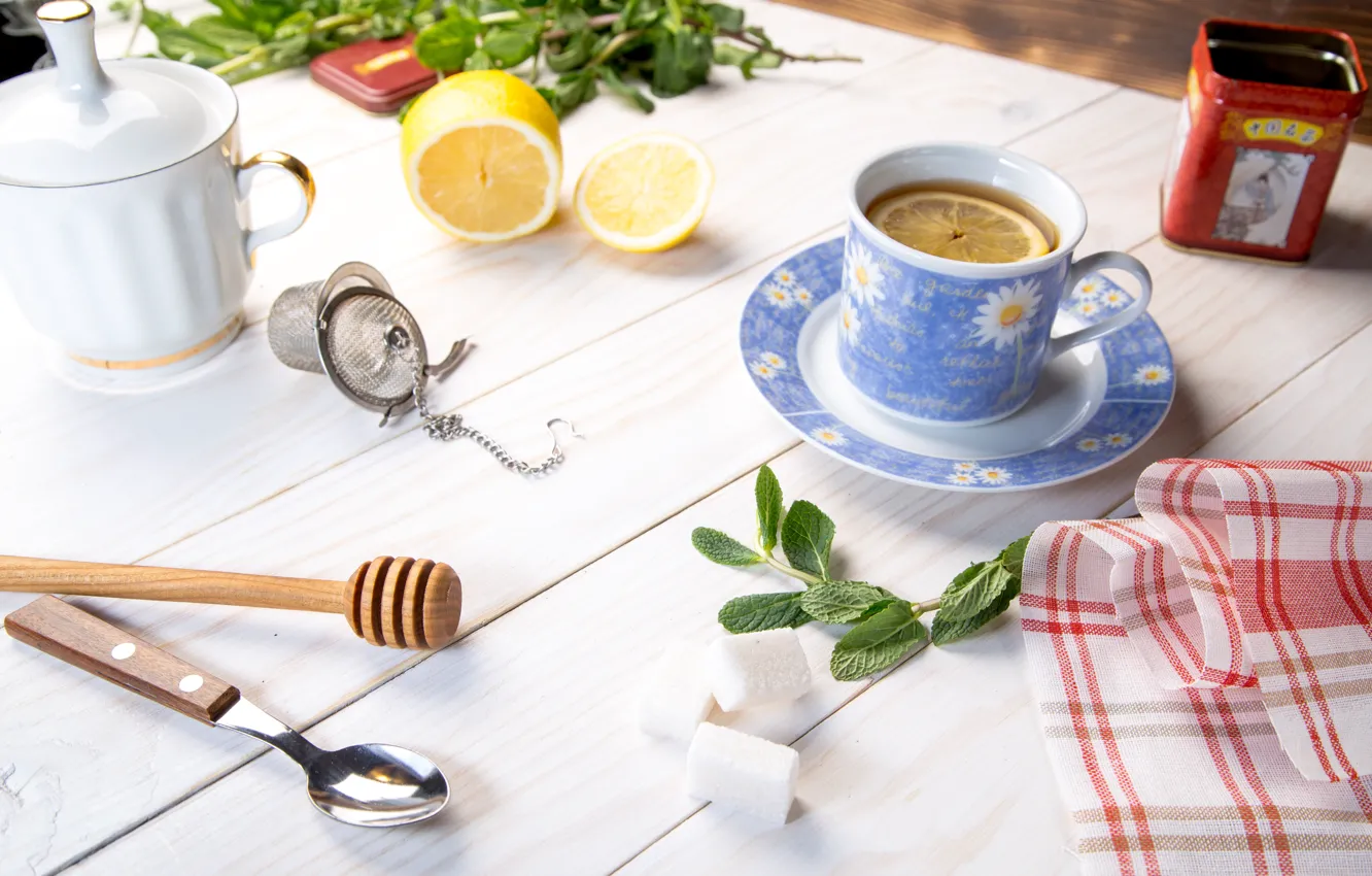 Photo wallpaper table, lemon, mint, wood, cup, napkin, tea fragrant