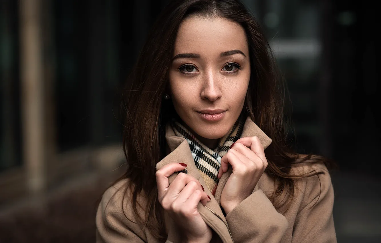 Photo wallpaper look, pose, background, model, portrait, hands, makeup, scarf