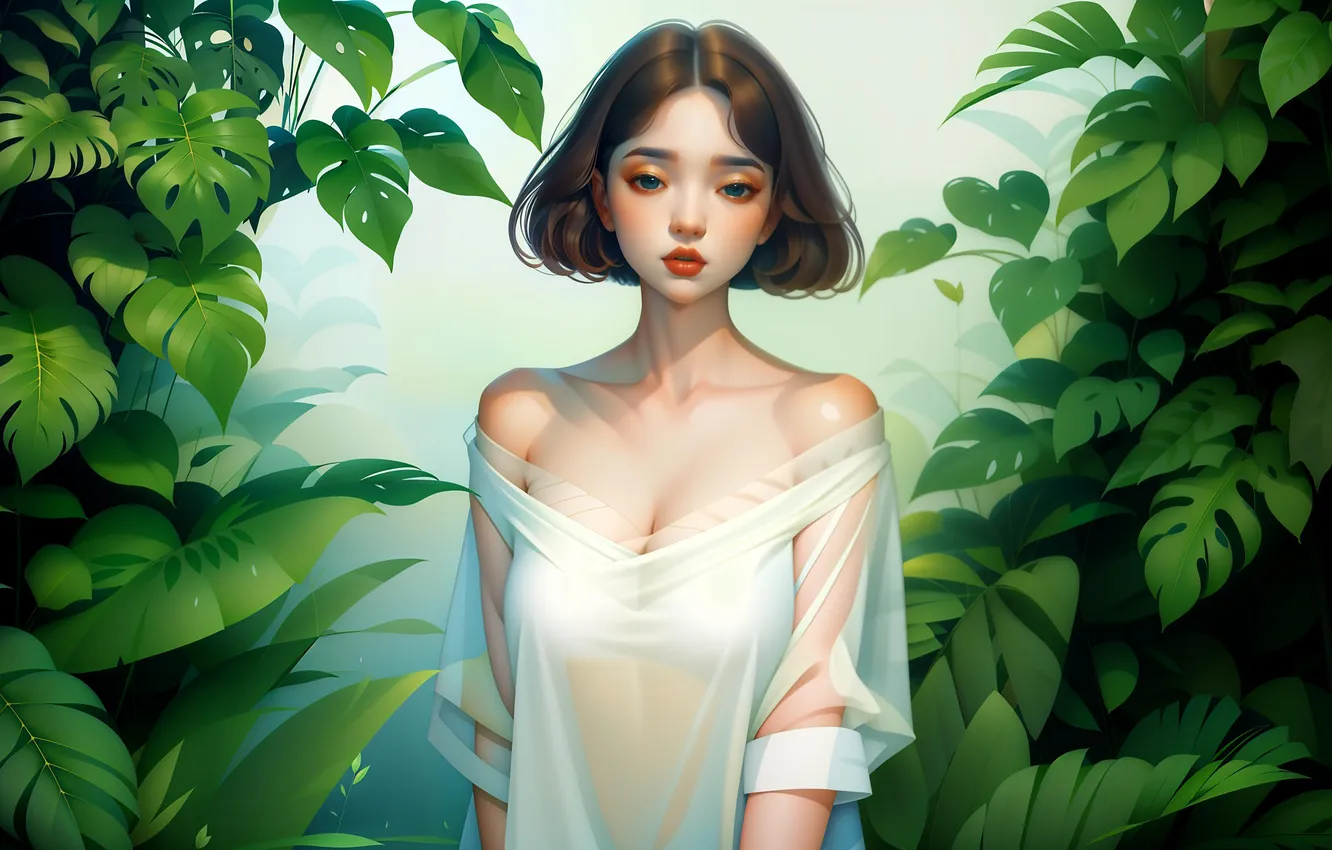 Photo wallpaper girl, leaves, asian, art